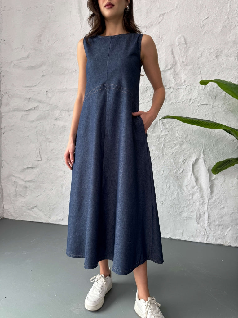 Sıfır Kol Dikiş Detaylı Jean Elbise 29828