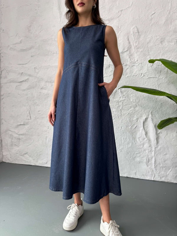 Sıfır Kol Dikiş Detaylı Jean Elbise 29828