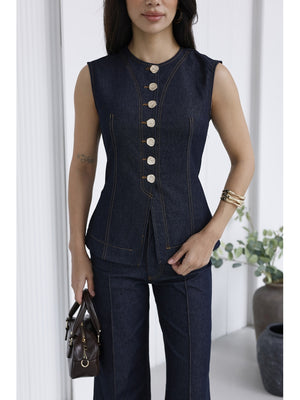 Mavi Gold Düğmeli İnce Denim Takım 18053-Mavi