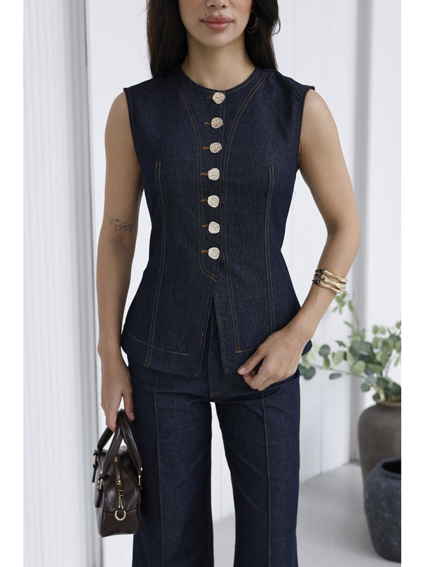 Mavi Gold Düğmeli İnce Denim Takım 18053-Mavi