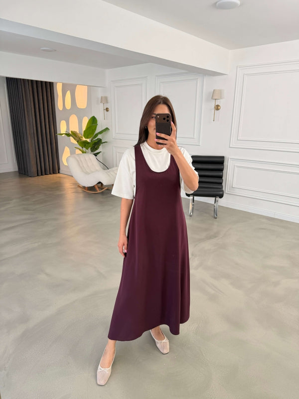 Mürdüm Tshirt Detaylı Salaş İkili Elbise Takım 4131-Mürdüm