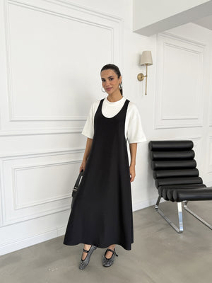 Siyah Tshirt Detaylı Salaş Elbise 4131-Siyah