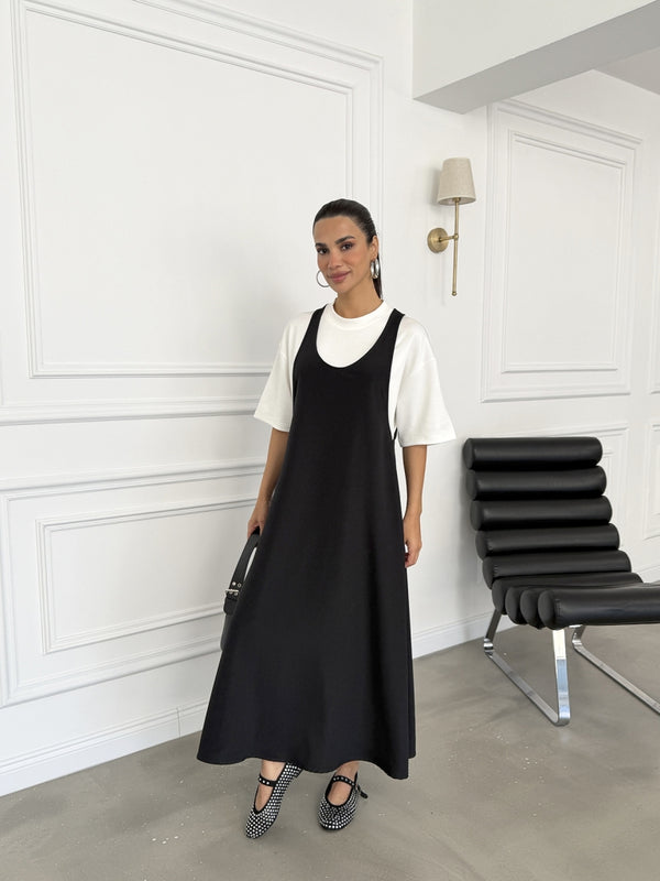 Siyah Tshirt Detaylı Salaş Elbise 4131-Siyah