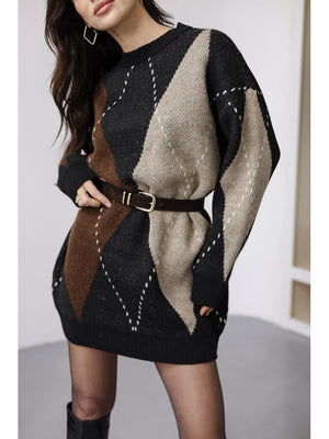 Siyah Baklava Desen Triko Elbise EY2610-Siyah