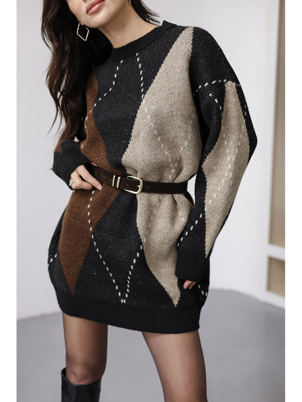 Siyah Baklava Desen Triko Elbise EY2610-Siyah