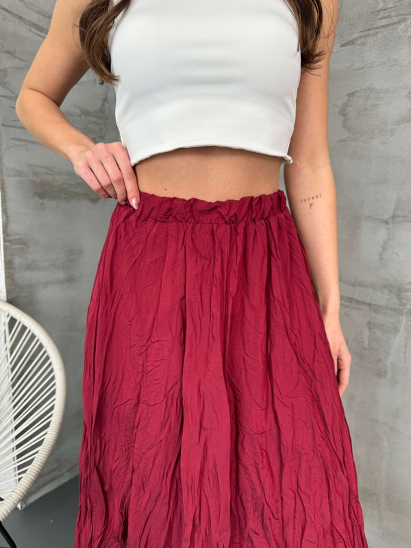 Bordo Asimetrik Kırışık Etek