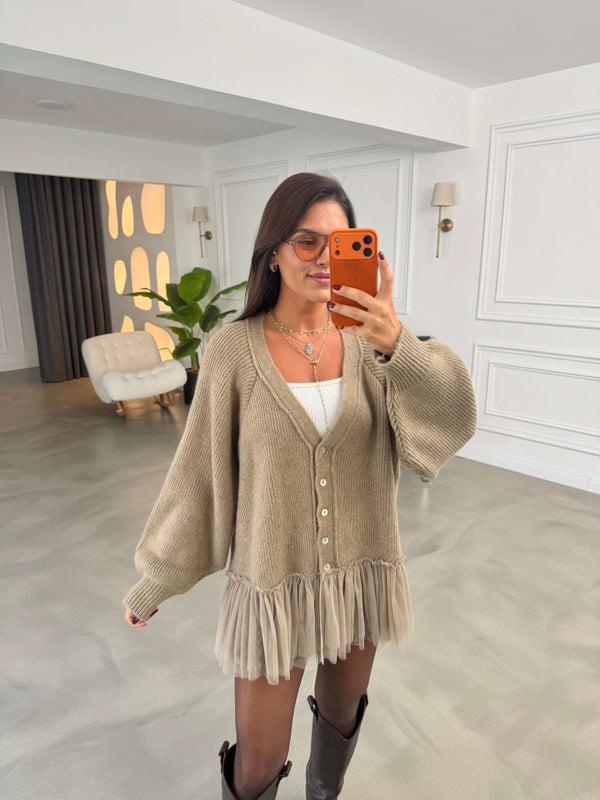 Vizon Tül Garnili Oversize Hırka 2839-Vizon