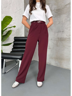 Bordo Çift Pileli Kemerli Pantolon