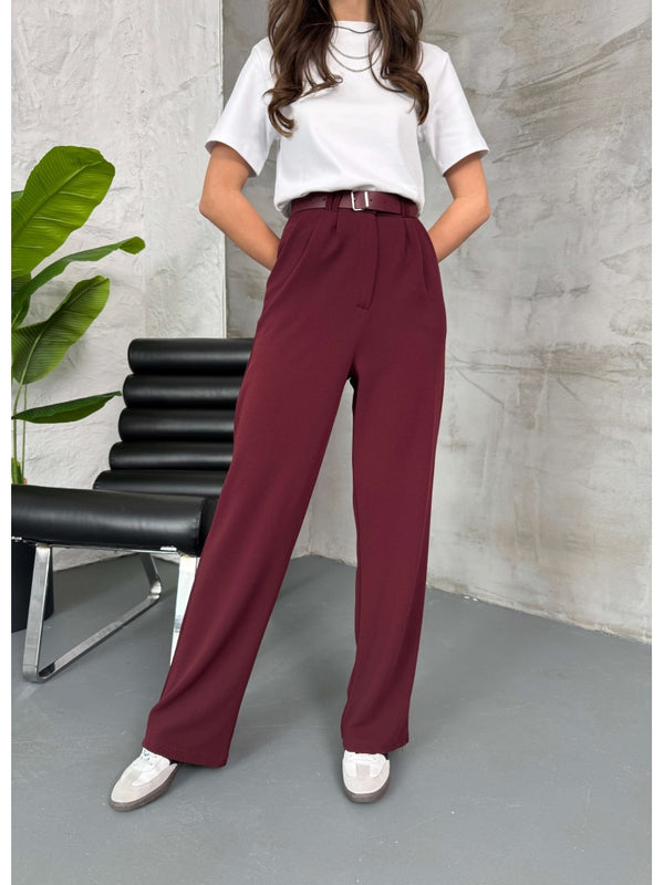 Bordo Çift Pileli Kemerli Pantolon