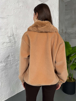 Premium Camel İİthal Kumaş Kürk Mont 70099-Camel