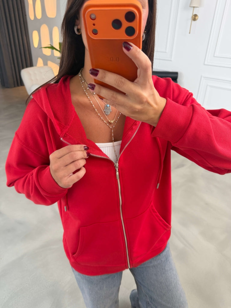 Kırmızı Kapüşonlu Fermuarlı Basic Sweatshirt 4321-Kırmızı