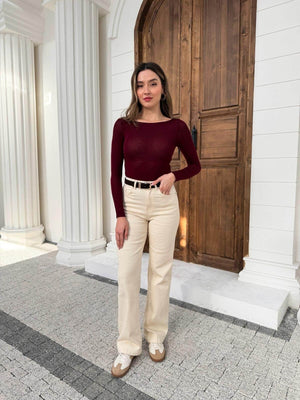 Bordo Kayık Yaka Transparan Bluz 25187-Bordo