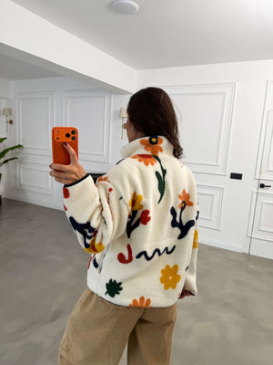 Sarı Çiçekli Ön Fermuarlı Peluş Sweat 22889-Sarı