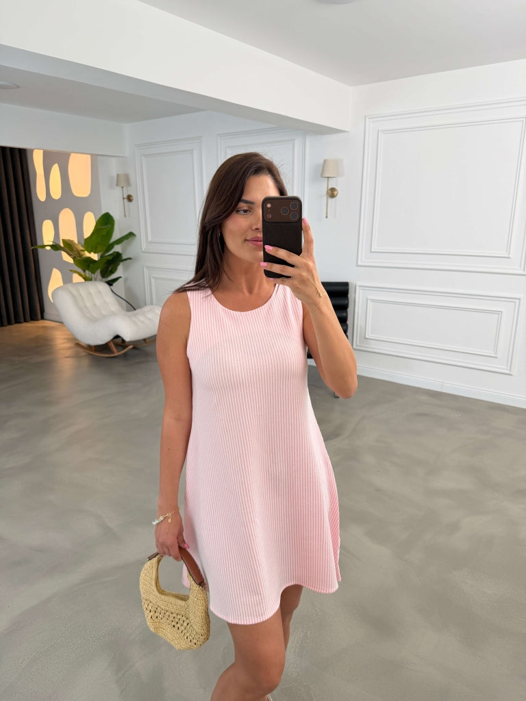 Pembe Çizgili Sıfır Kol Elbise 80148-Pembe