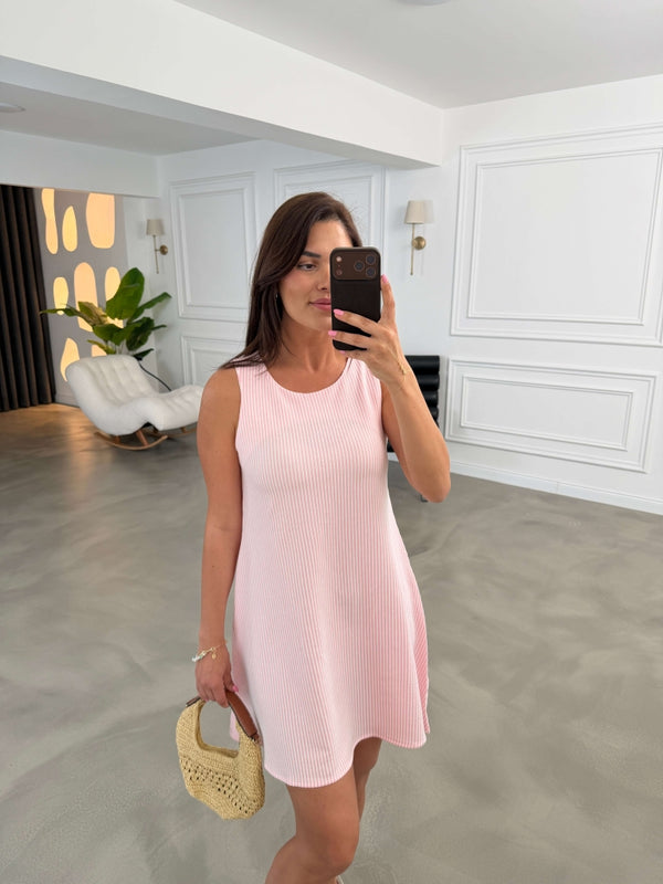 Pembe Çizgili Sıfır Kol Elbise 80148-Pembe