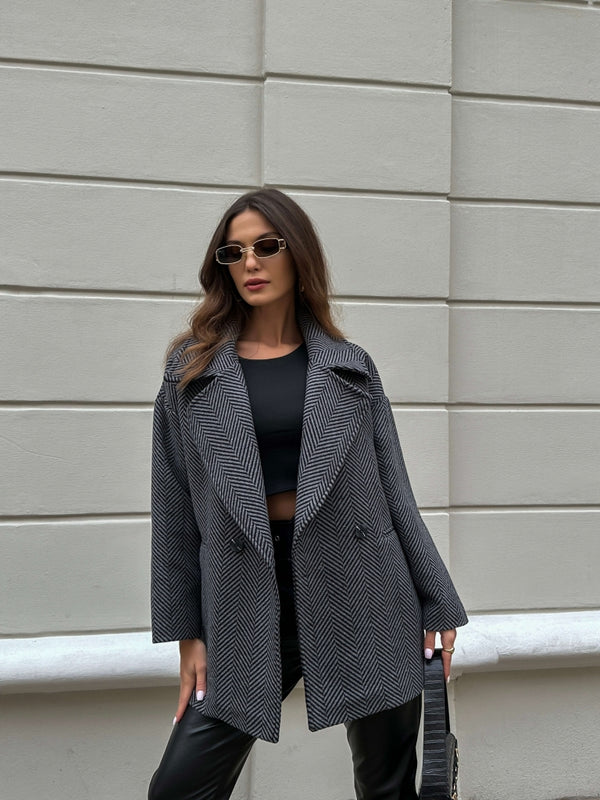 Antrasit Balık Sırtı Oversize Astarlı Kısa Kaban