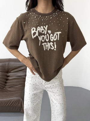 Kahverengi Taş İşleme Baskılı Tshirt 8139-Kahverengi