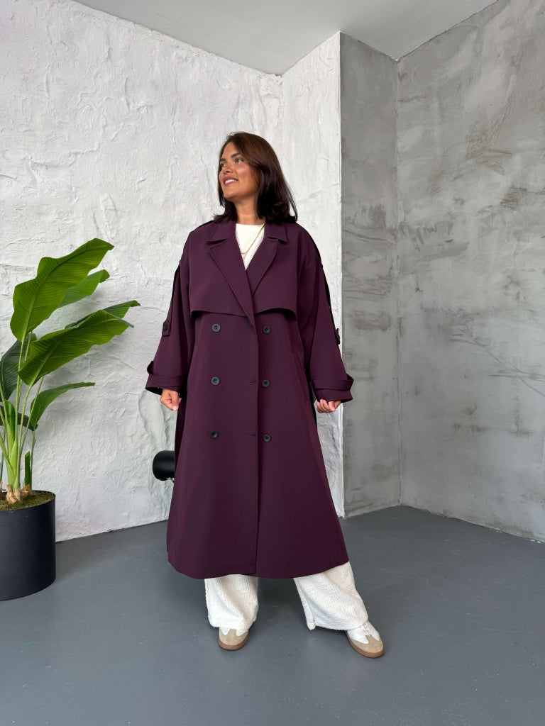 Mürdüm Kruvaze Detaylı Oversize Trençkot
