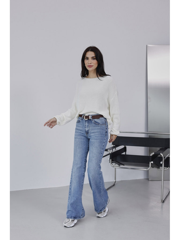 Mavi Süet Kemerli İspanyol Paça Jean 0798-Mavi