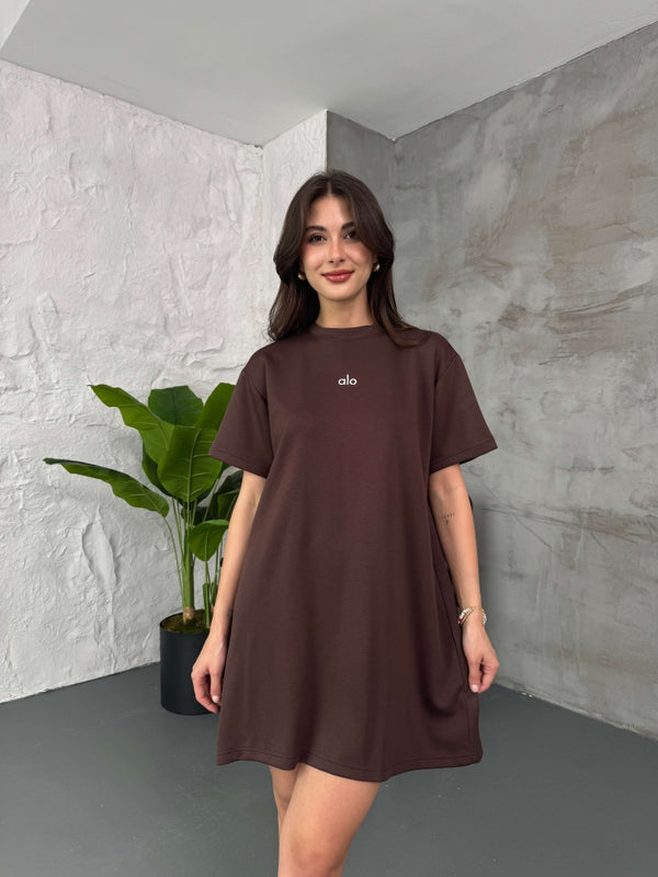 Kahverengi Orj Kısa Kol Modal Elbise 1570-Kahvee