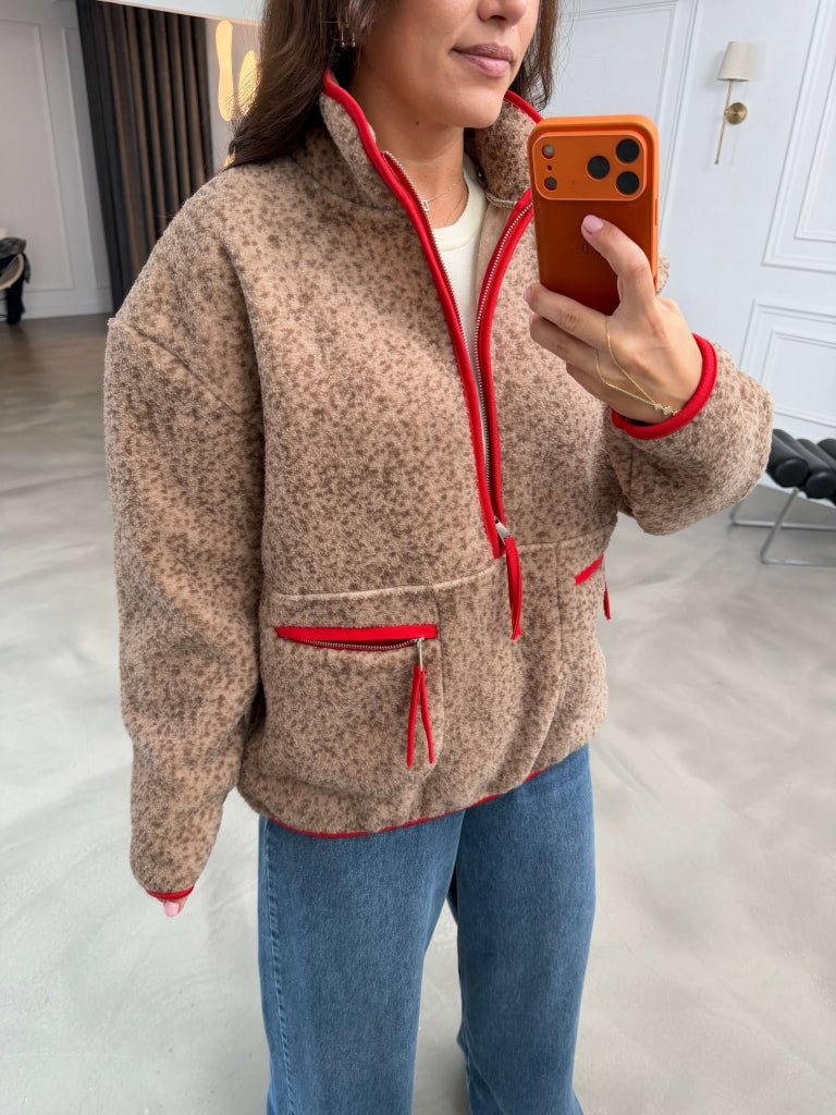 Kahverengi Yarım Fermuarlı Peluş Sweat 4247-Kahverengi