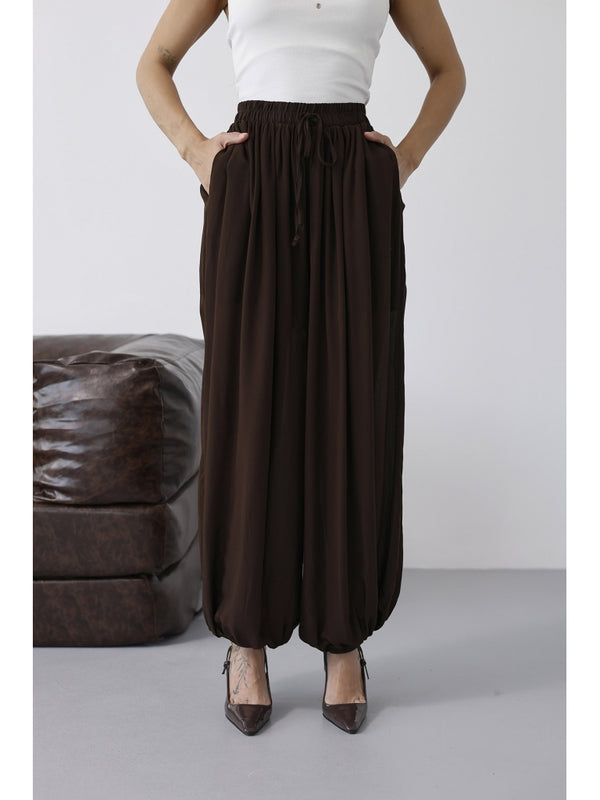 Kahverengi Paçası Lastikli Şalvar Pantolon 51316-Kahverengi