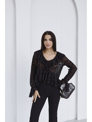 Kahverengi Çiçekli Fırfırlı Tül Bluz 1110-Kahverengi