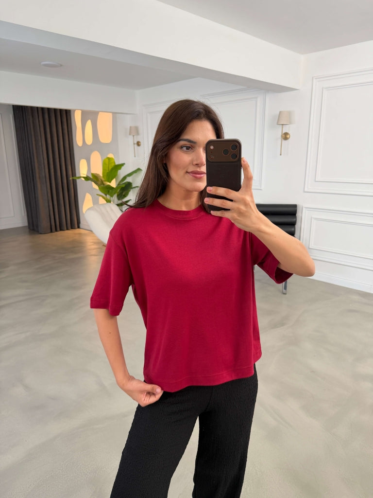 Bordo Bisiklet Yaka Basıc Tshirt 6597-Bordo