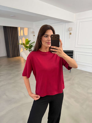 Bordo Bisiklet Yaka Basıc Tshirt 6597-Bordo