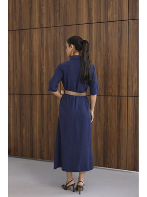 Lacivert Cep Detaylı Kısa Kol Elbise 8124-Lacivert