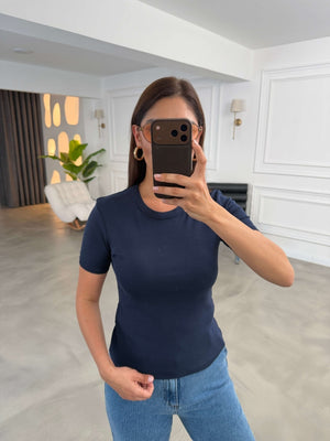 Lacivert Bisiklet Yaka Basic Tshirt 24104-Lacivert