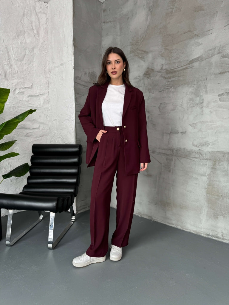 Mürdüm Gold Düğmeli Ceket Pantolon Takım
