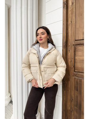 Ekru Kapşonlu Şişme Mont 2148-EKRU