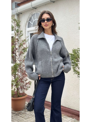 Gri  Polo Yaka Fermuarlı Hırka 2381-Gri