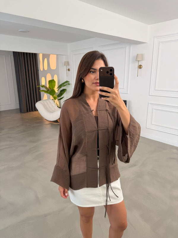 Kahverengi İp Bağcıklı Tencel Gömlek 5098-Kahverengi