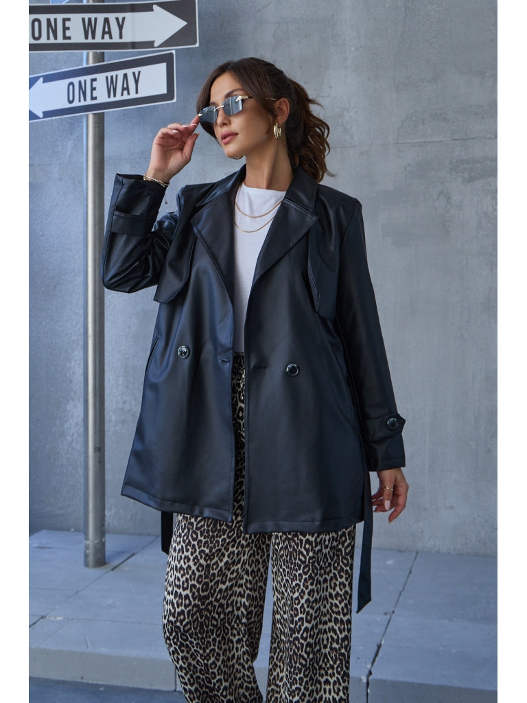 Siyah Kuşaklı Ara Boy Deri Trenç EY2377-Siyah