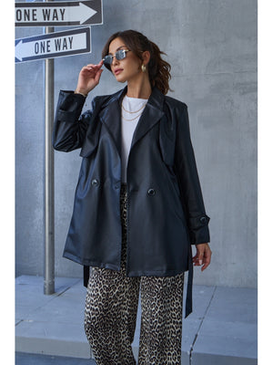 Siyah Kuşaklı Ara Boy Deri Trenç EY2377-Siyah