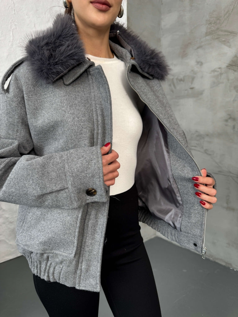 Gri Kaşe Yakası Kürklü Mont 580564-GRİ