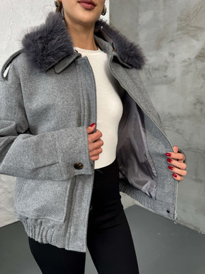 Gri Kaşe Yakası Kürklü Mont 580564-GRİ