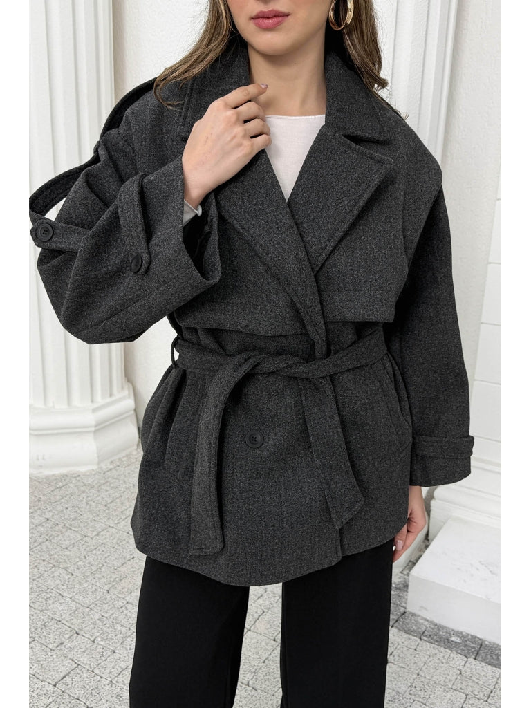 Antrasit Rebello Kuşaklı Kaşe Kaban 9669-Antrasit