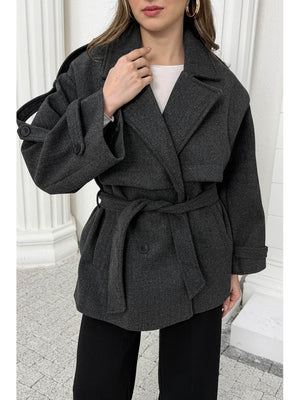 Antrasit Rebello Kuşaklı Kaşe Kaban 9669-Antrasit