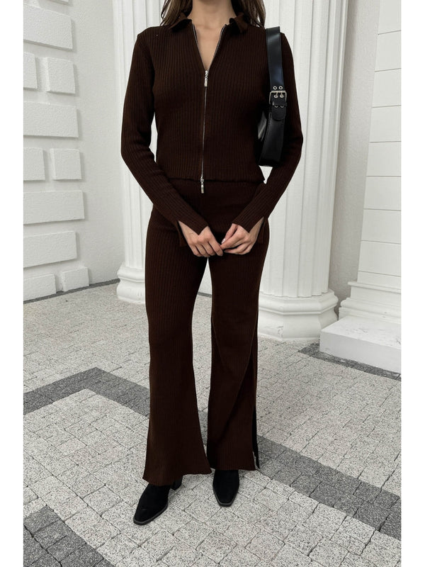 Kahverengi Çift Fermuarlı Fitilli Triko Takım 0103-Kahverengi