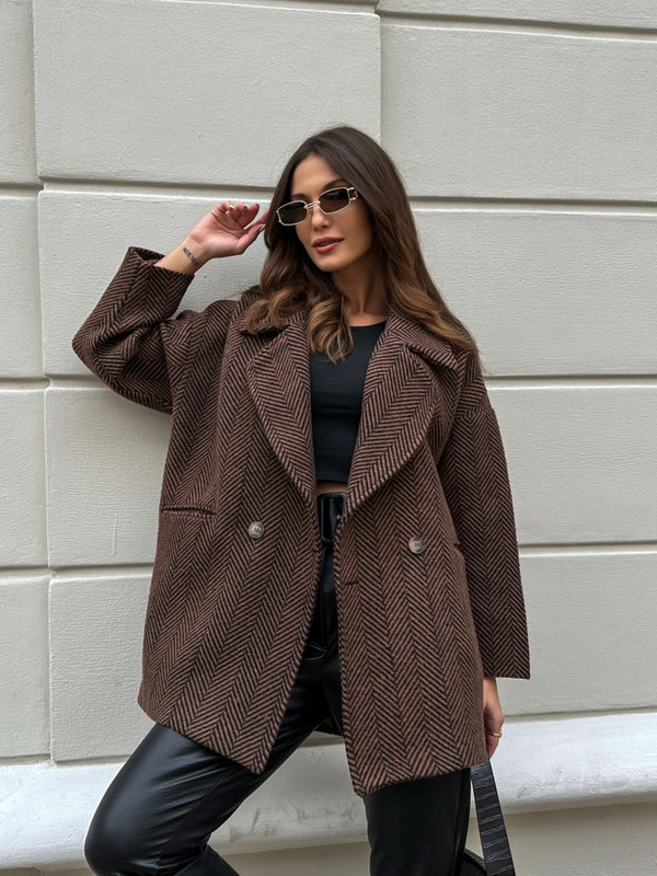 Acı Kahve Balık Sırtı Oversize Astarlı Kısa Kaban 9252-ACI KAHVE