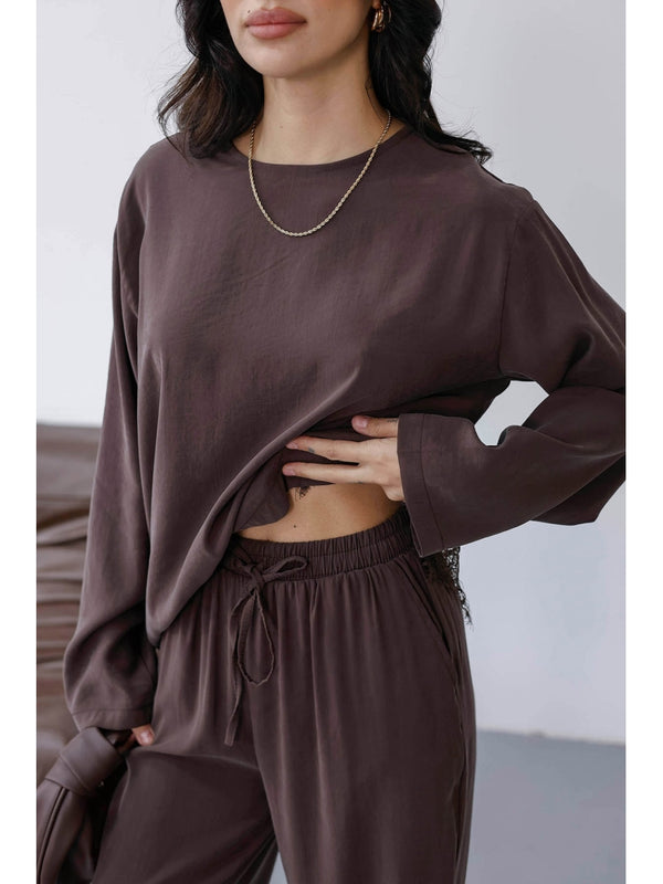 Kahverengi Etek Ucu Dantelli Tencel Takım 2801-Kahverengi