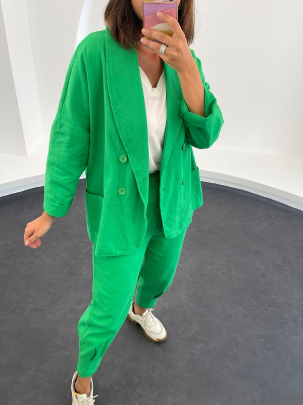 Yeşil  Gabardin Oversize Ceket Pantolon Takım 50466-Yeşil