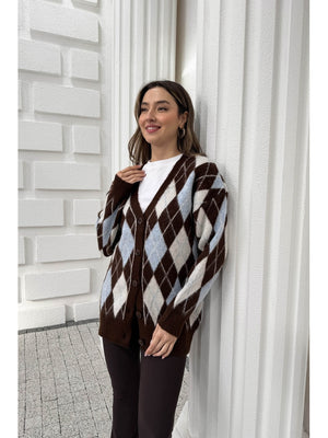 Kahve Mavi Baklava Desen Hırka 10143-Kahve Mavi