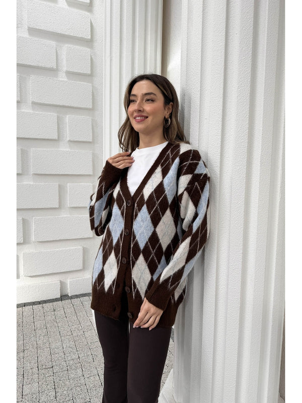 Kahve Mavi Baklava Desen Hırka 10143-Kahve Mavi