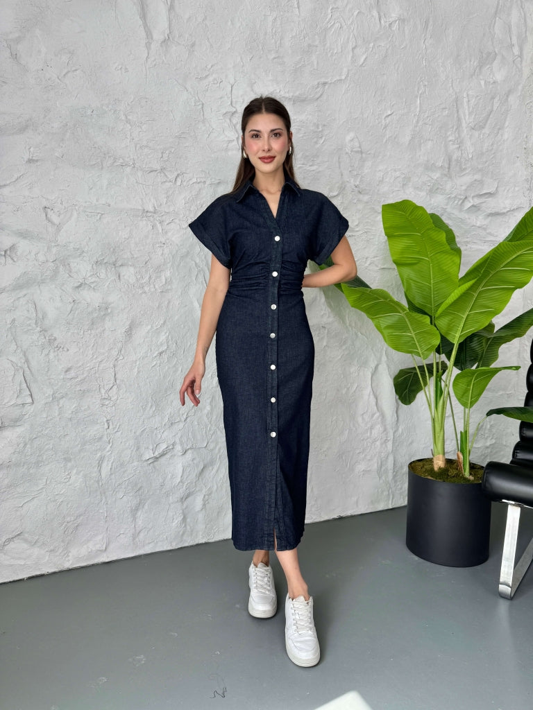 Lacivert Düşük Kol Drapeli Denim Elbise 258198-LACİVERT