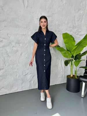 Lacivert Düşük Kol Drapeli Denim Elbise 258198-LACİVERT