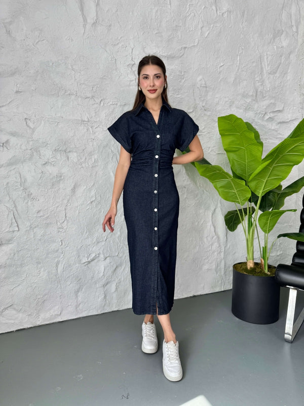 Lacivert Düşük Kol Drapeli Denim Elbise 258198-LACİVERT